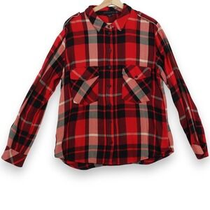 Sanctuary Womens Flannel Shirt Size L Red Black Plaid Snap Button Up Grunge Cozy